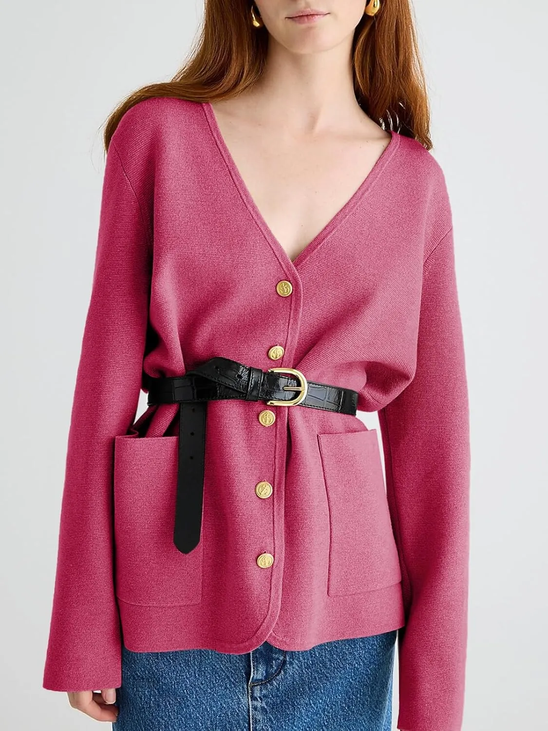 Saodimallsu Womens V Neck Cardigan Button Loose Knit Sweater Blazer Open Front Elegant Cardigans with Pockets