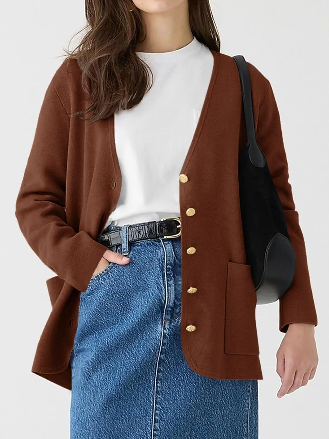 Saodimallsu Womens V Neck Cardigan Button Loose Knit Sweater Blazer Open Front Elegant Cardigans with Pockets