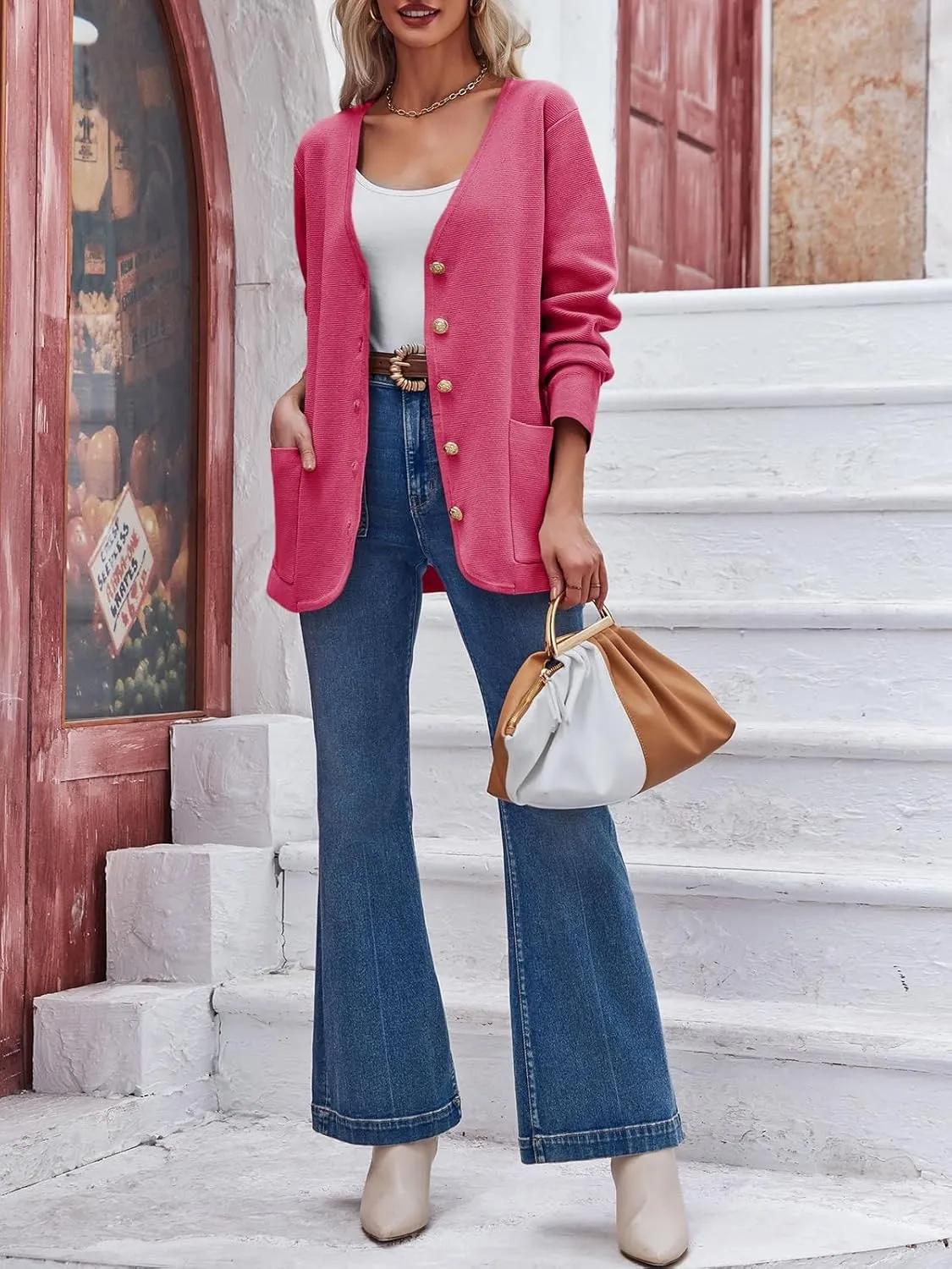 Saodimallsu Womens V Neck Cardigan Button Loose Knit Sweater Blazer Open Front Elegant Cardigans with Pockets