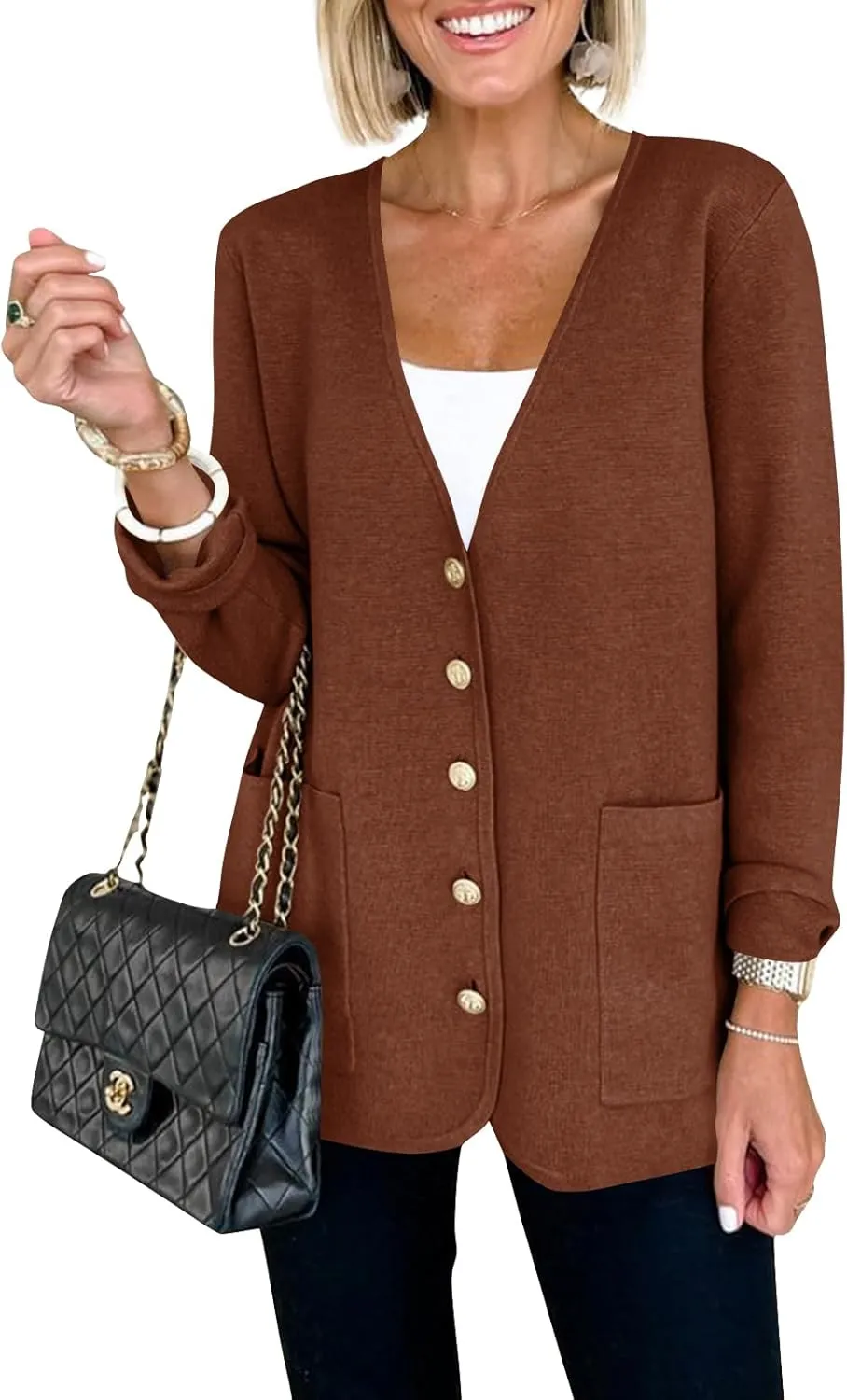 Saodimallsu Womens V Neck Cardigan Button Loose Knit Sweater Blazer Open Front Elegant Cardigans with Pockets