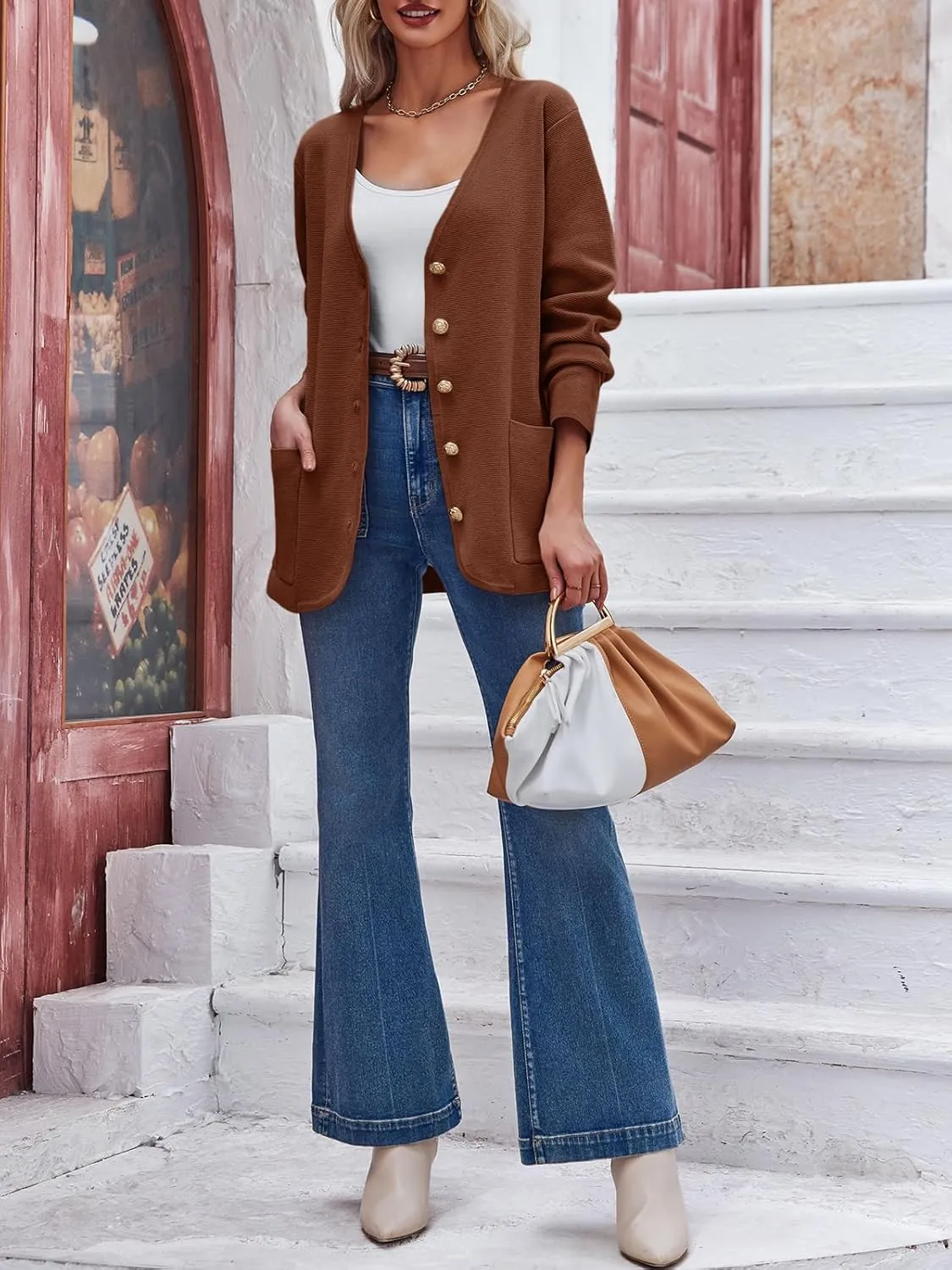 Saodimallsu Womens V Neck Cardigan Button Loose Knit Sweater Blazer Open Front Elegant Cardigans with Pockets