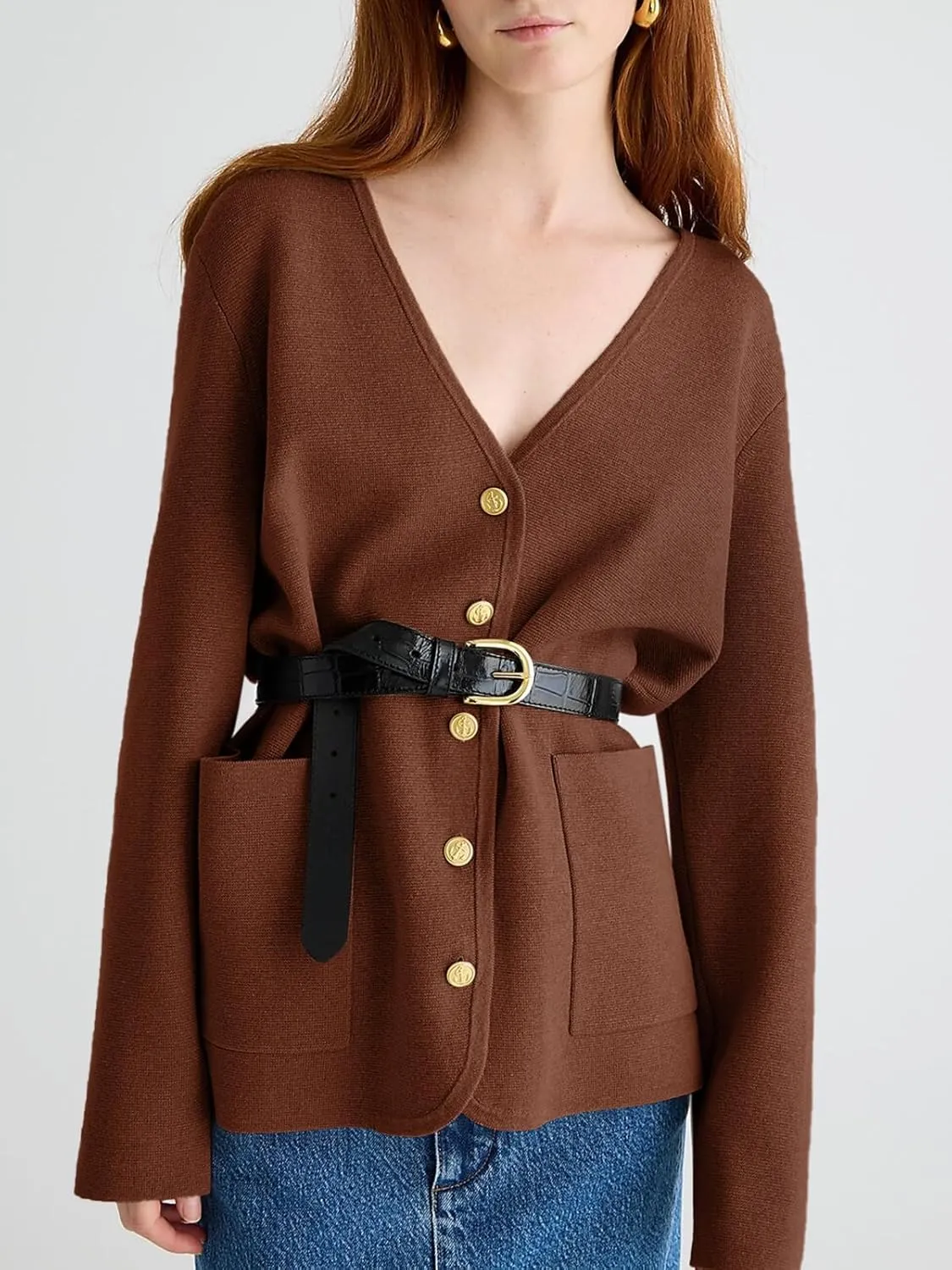 Saodimallsu Womens V Neck Cardigan Button Loose Knit Sweater Blazer Open Front Elegant Cardigans with Pockets