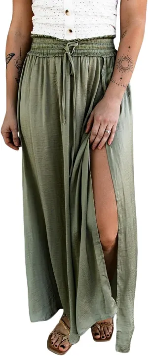 SELINK Skirts for Women Casual Green Adjustable Drawstring Smocked Waist Maxi Skirt