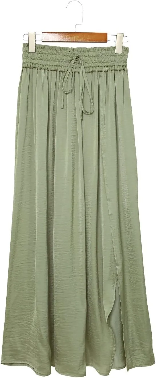 SELINK Skirts for Women Casual Green Adjustable Drawstring Smocked Waist Maxi Skirt