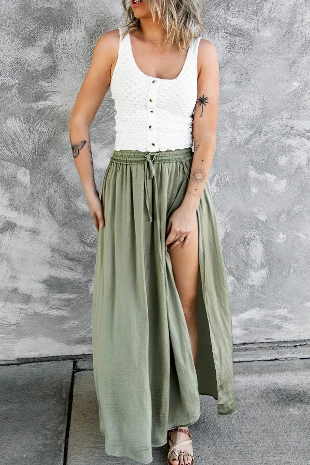 SELINK Skirts for Women Casual Green Adjustable Drawstring Smocked Waist Maxi Skirt