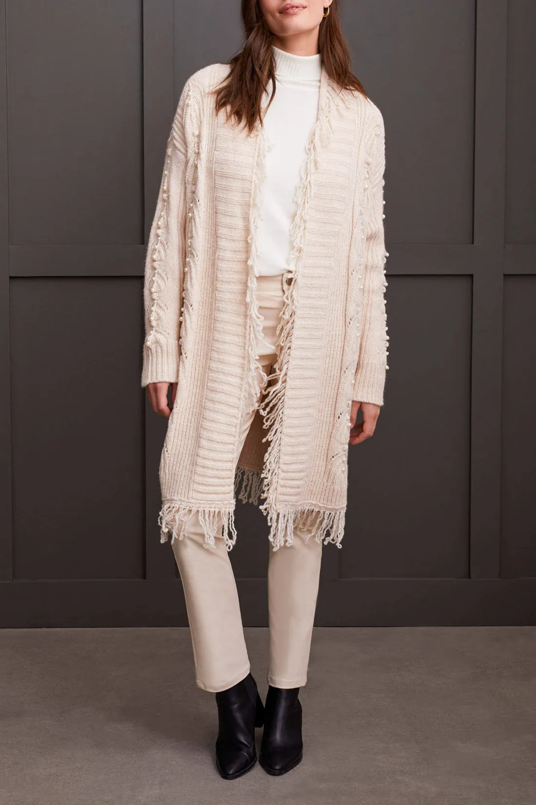 Senara Sweater Cardigan with Fringe and Pearls in Moonstone - Tribal  2003O-8057