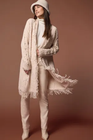 Senara Sweater Cardigan with Fringe and Pearls in Moonstone - Tribal  2003O-8057