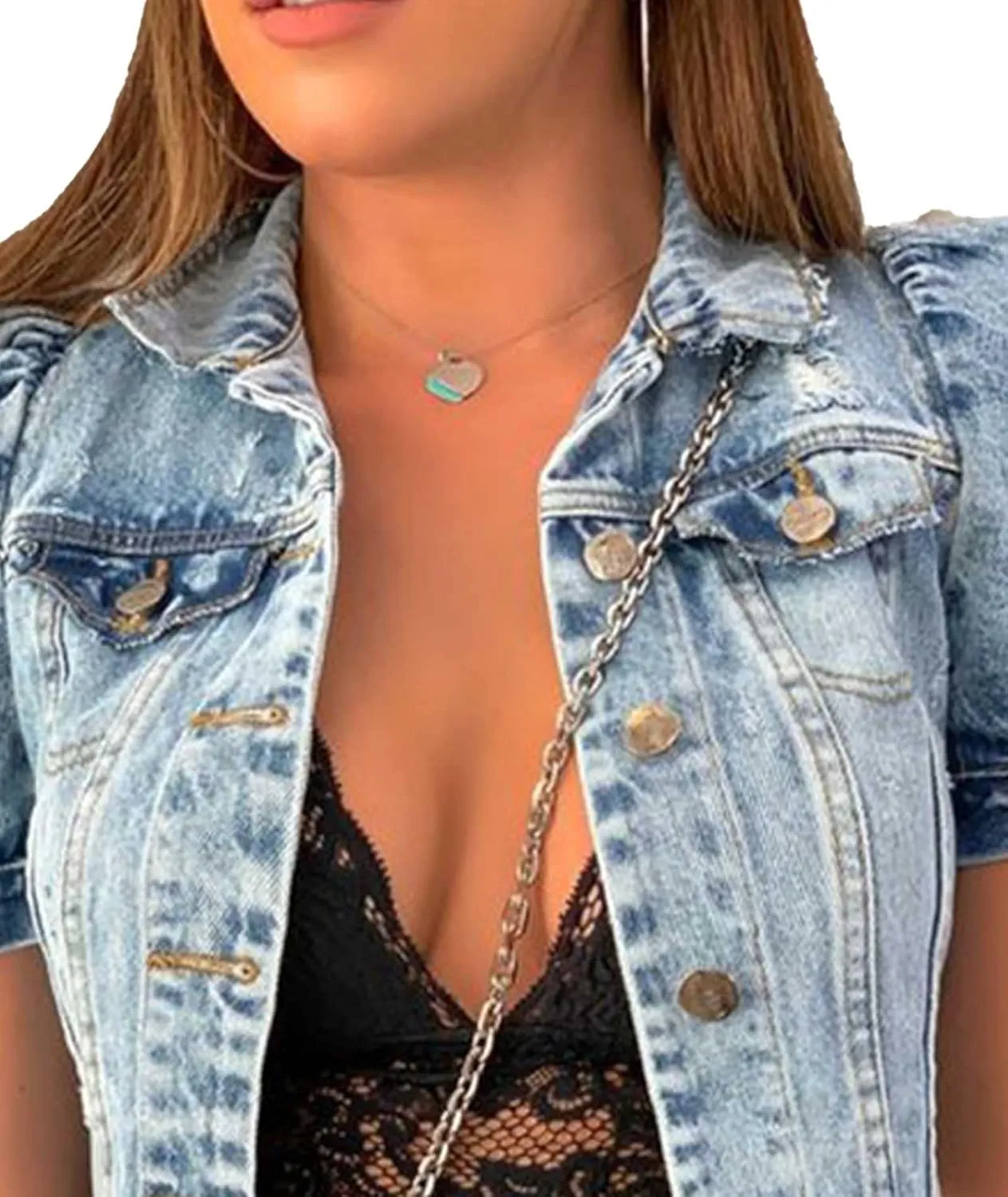 Sexyshine Women's Denim Jackets Puff Short Sleeve Cropped Jean Jacket Button Down Short Denim Crop Top Outwear Coat