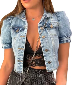 Sexyshine Women's Denim Jackets Puff Short Sleeve Cropped Jean Jacket Button Down Short Denim Crop Top Outwear Coat