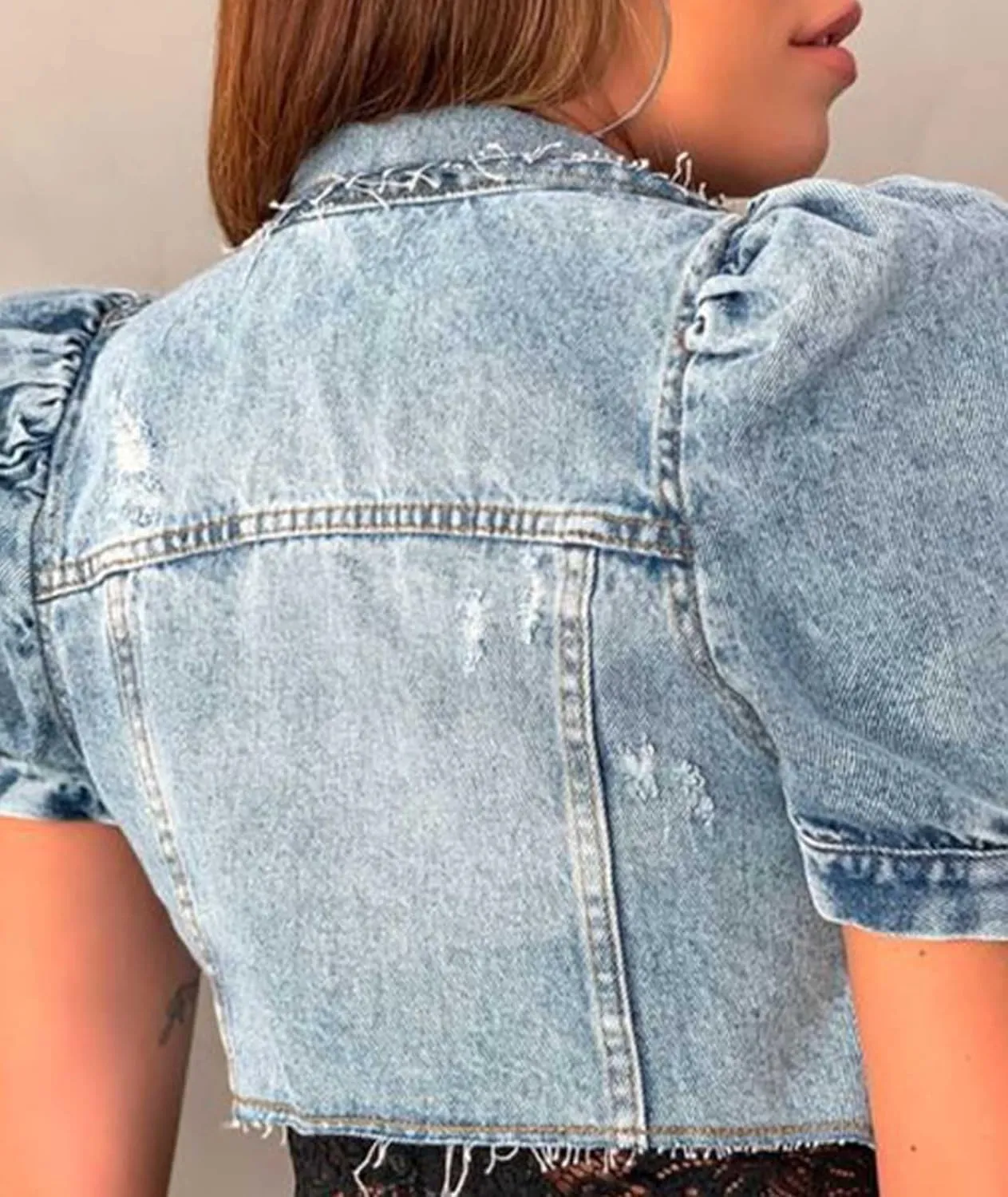 Sexyshine Women's Denim Jackets Puff Short Sleeve Cropped Jean Jacket Button Down Short Denim Crop Top Outwear Coat