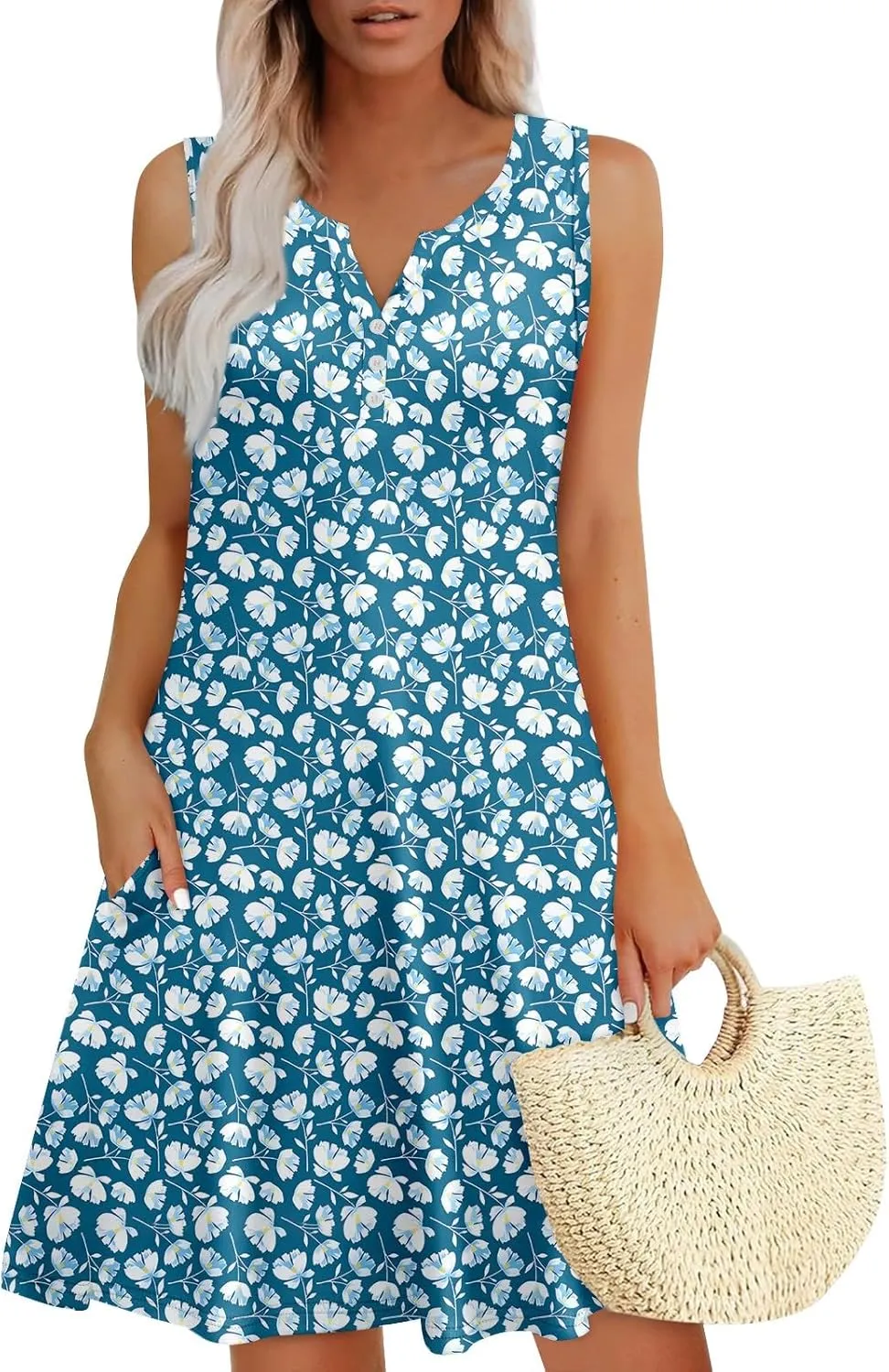 Short Summer Dresses for Women 2025 Casual Trendy V Neck Sleeveless Floral Sundresses Flowy Boho Beach Sundress w/Pockets