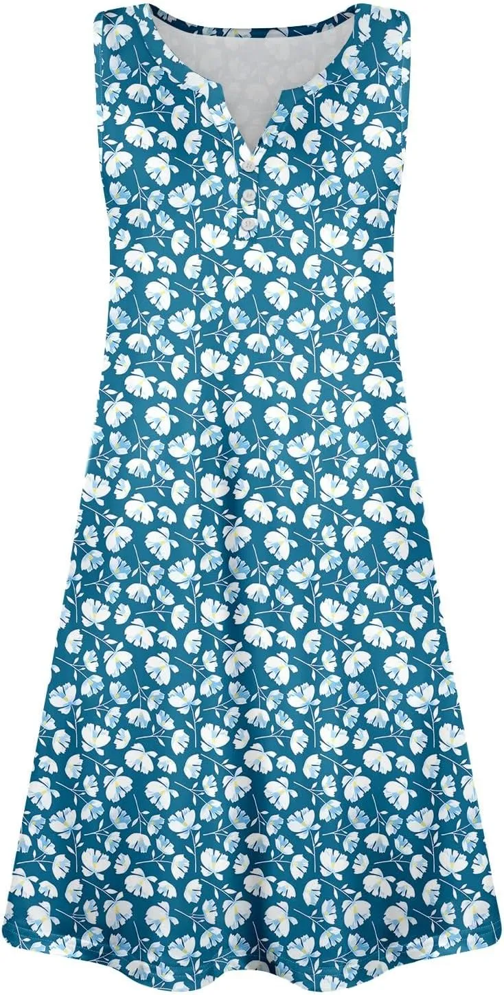 Short Summer Dresses for Women 2025 Casual Trendy V Neck Sleeveless Floral Sundresses Flowy Boho Beach Sundress w/Pockets