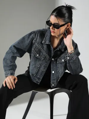 SHOWOFFFF Edition Women's Embellished Navy Blue Crop Denim Jacket with Studs