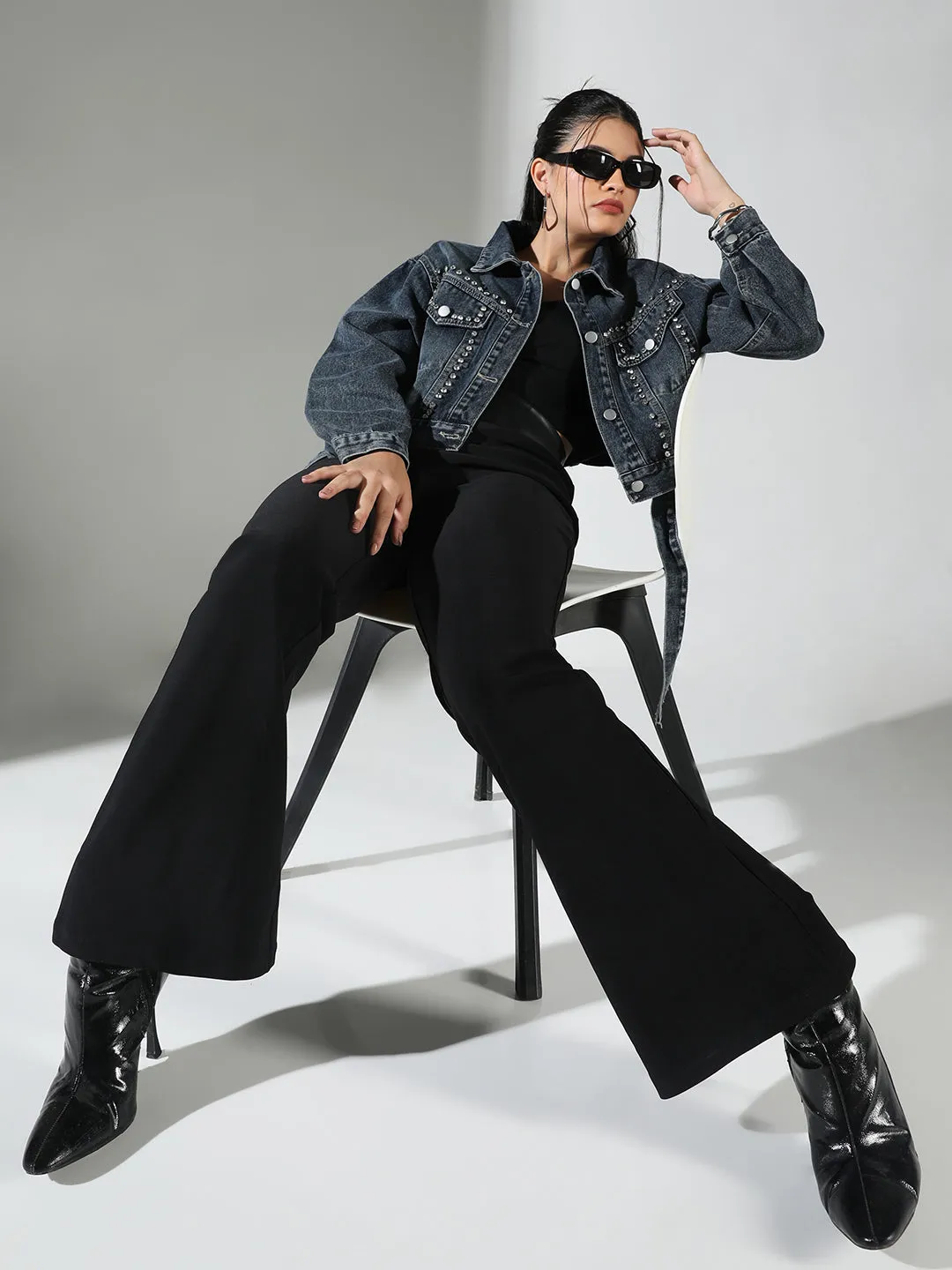 SHOWOFFFF Edition Women's Embellished Navy Blue Crop Denim Jacket with Studs