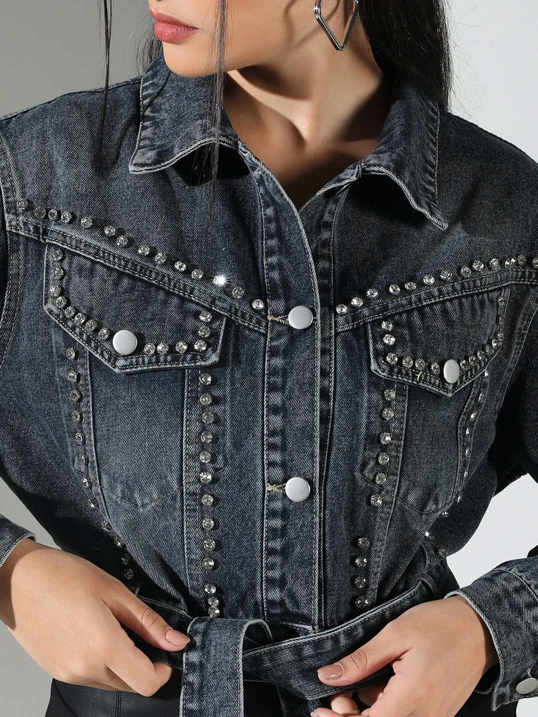 SHOWOFFFF Edition Women's Embellished Navy Blue Crop Denim Jacket with Studs