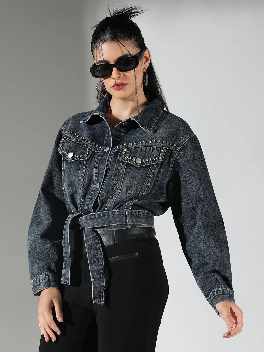 SHOWOFFFF Edition Women's Embellished Navy Blue Crop Denim Jacket with Studs