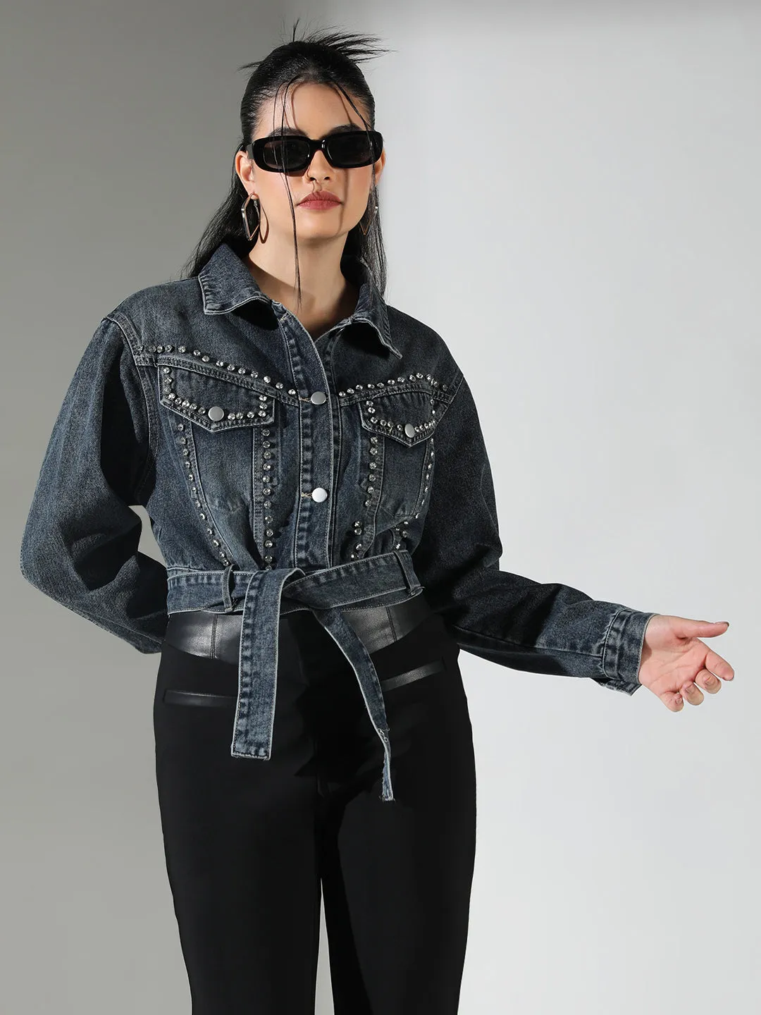 SHOWOFFFF Edition Women's Embellished Navy Blue Crop Denim Jacket with Studs