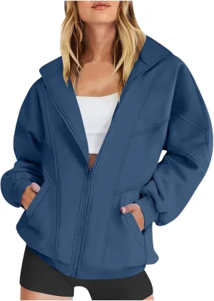 SMIDOW Full Zip Up Sweatshirts For Women Trendy 2024 Oversized Fleece Lightweight Hoodie Jacket Fall Preppy Teen Girls Outfit