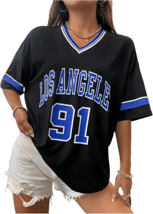 SOLY HUX Women's Oversized Jersey Shirts V Neck Graphic Tees Summer Baggy Blokecore T-Shirt Tops