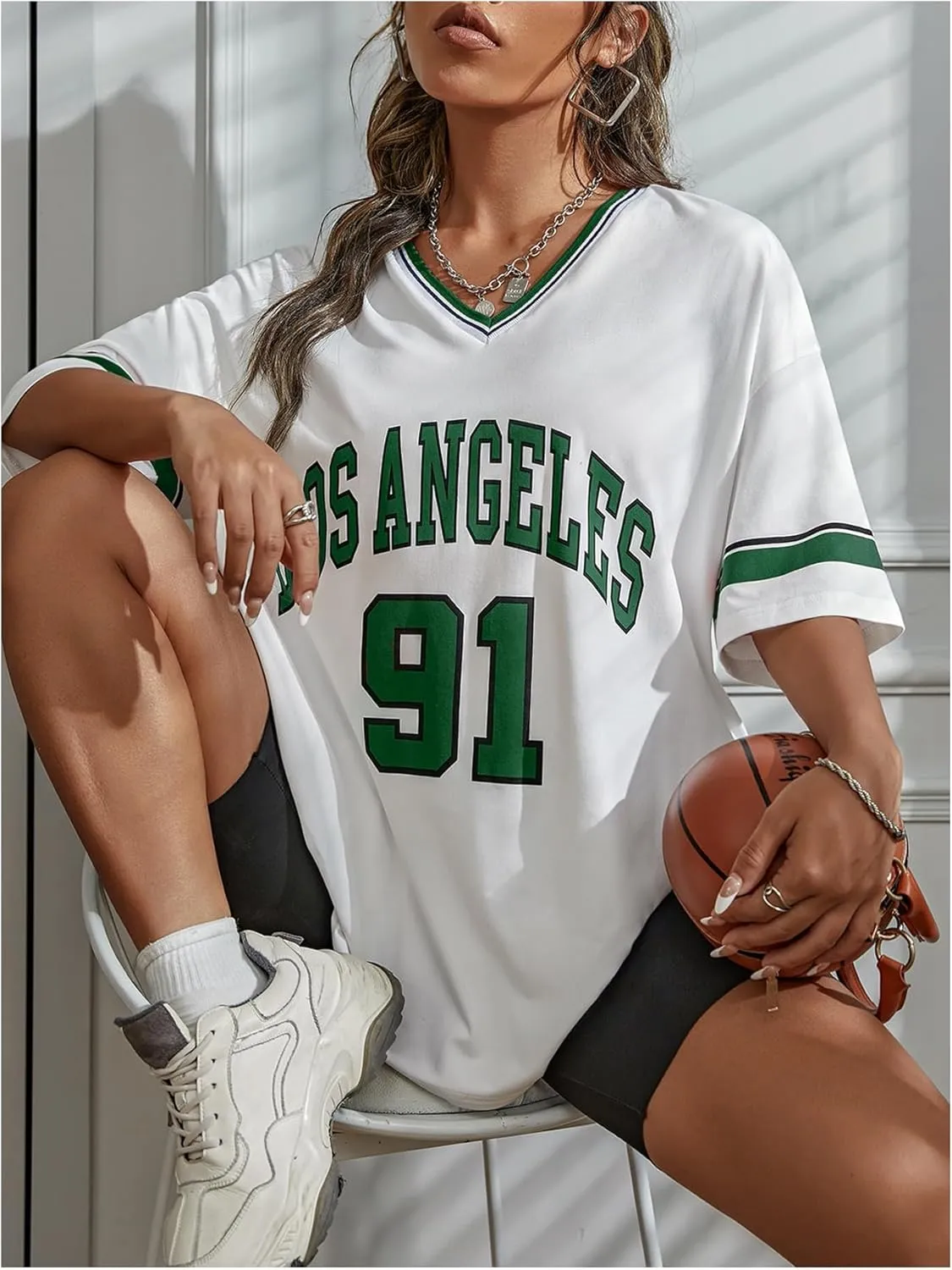 SOLY HUX Women's Oversized Jersey Shirts V Neck Graphic Tees Summer Baggy Blokecore T-Shirt Tops