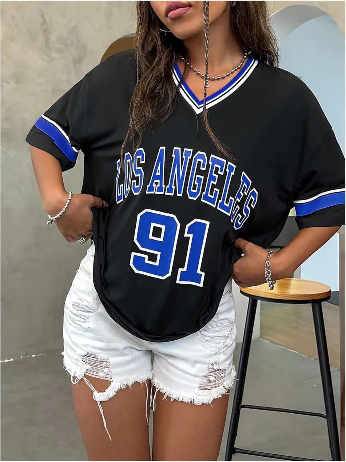 SOLY HUX Women's Oversized Jersey Shirts V Neck Graphic Tees Summer Baggy Blokecore T-Shirt Tops