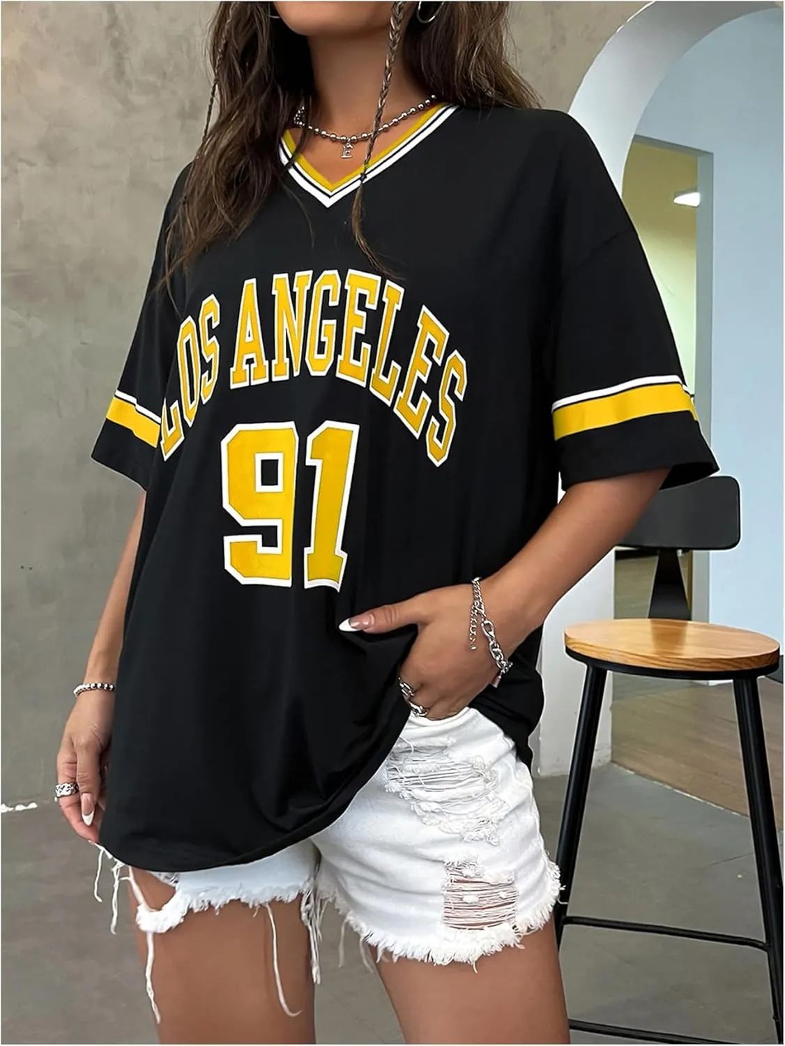 SOLY HUX Women's Oversized Jersey Shirts V Neck Graphic Tees Summer Baggy Blokecore T-Shirt Tops