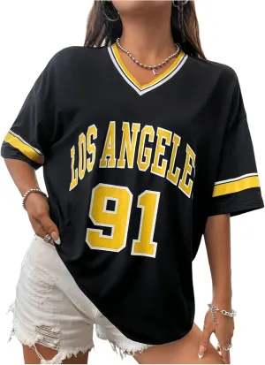 SOLY HUX Women's Oversized Jersey Shirts V Neck Graphic Tees Summer Baggy Blokecore T-Shirt Tops
