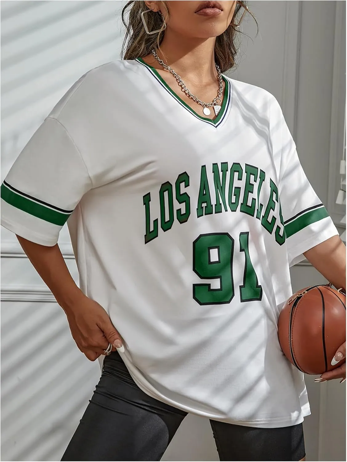 SOLY HUX Women's Oversized Jersey Shirts V Neck Graphic Tees Summer Baggy Blokecore T-Shirt Tops