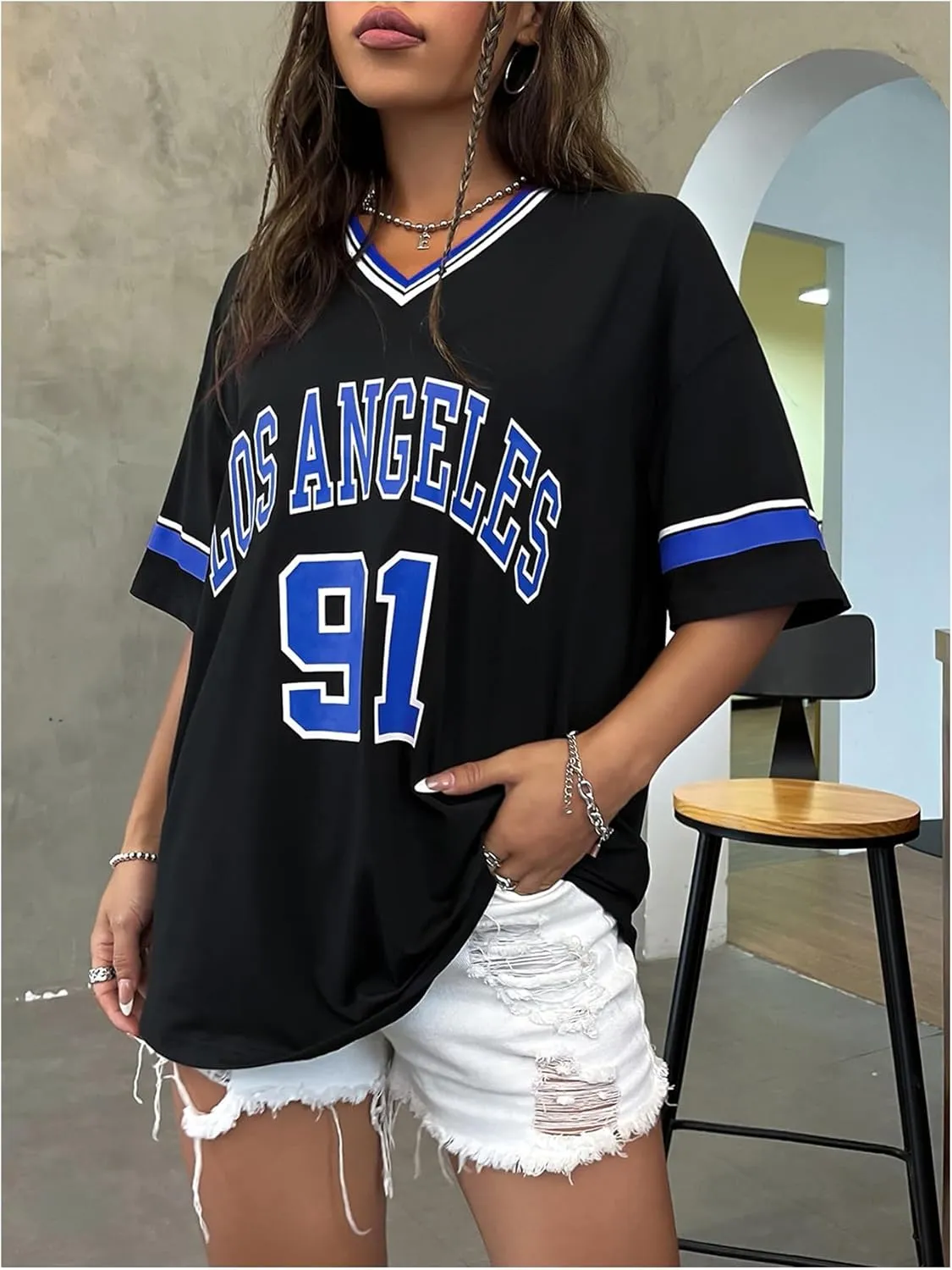 SOLY HUX Women's Oversized Jersey Shirts V Neck Graphic Tees Summer Baggy Blokecore T-Shirt Tops