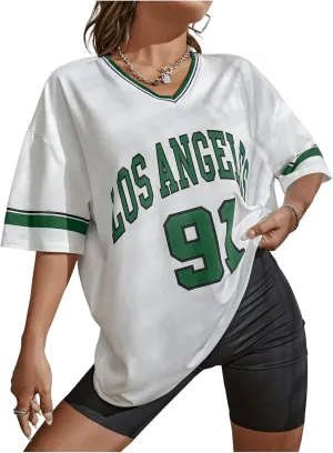 SOLY HUX Women's Oversized Jersey Shirts V Neck Graphic Tees Summer Baggy Blokecore T-Shirt Tops