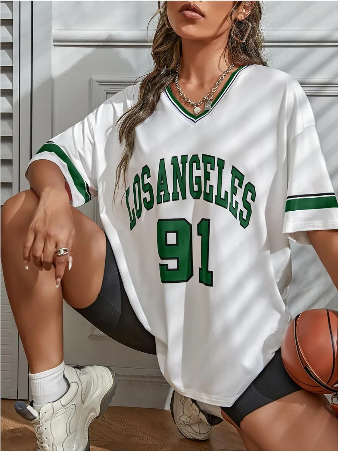SOLY HUX Women's Oversized Jersey Shirts V Neck Graphic Tees Summer Baggy Blokecore T-Shirt Tops