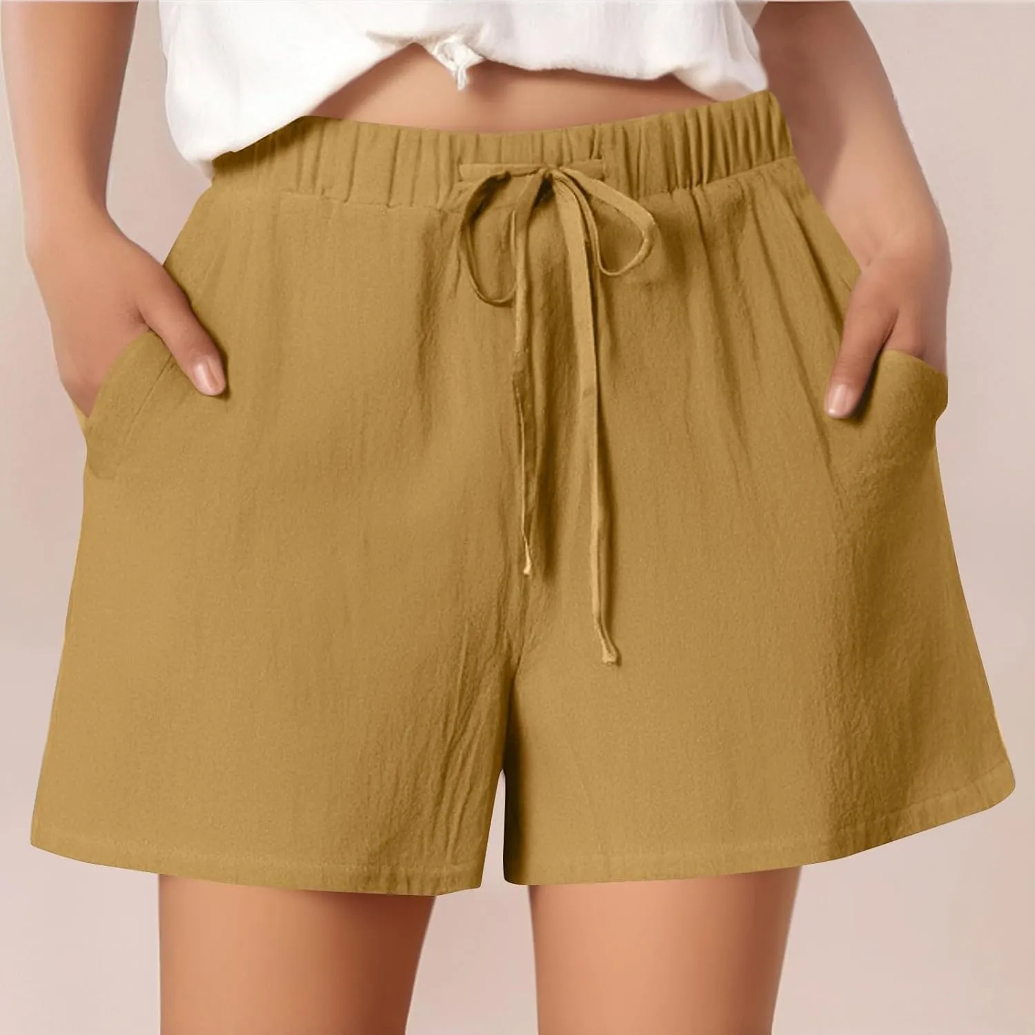 Summer Shorts for Women Baggy High Rise Linen Shorts Vacation Straight Elastic with Pocket Solid Loose Fit Pants 2025