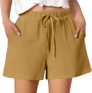Summer Shorts for Women Baggy High Rise Linen Shorts Vacation Straight Elastic with Pocket Solid Loose Fit Pants 2025