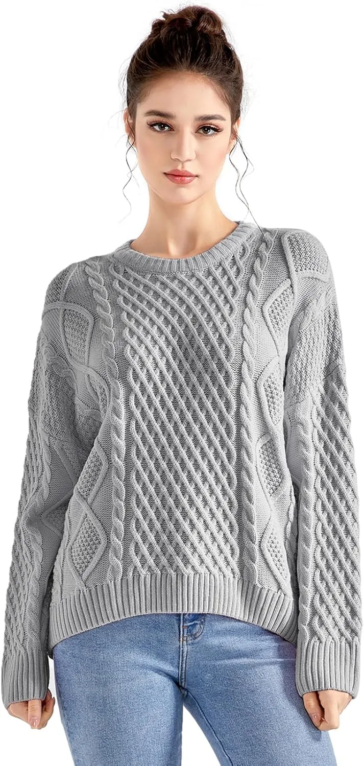 SUUKSESS Women Oversized Cable Knit Sweater Fall Long Sleeve Crew Neck Pullover Tops 2024