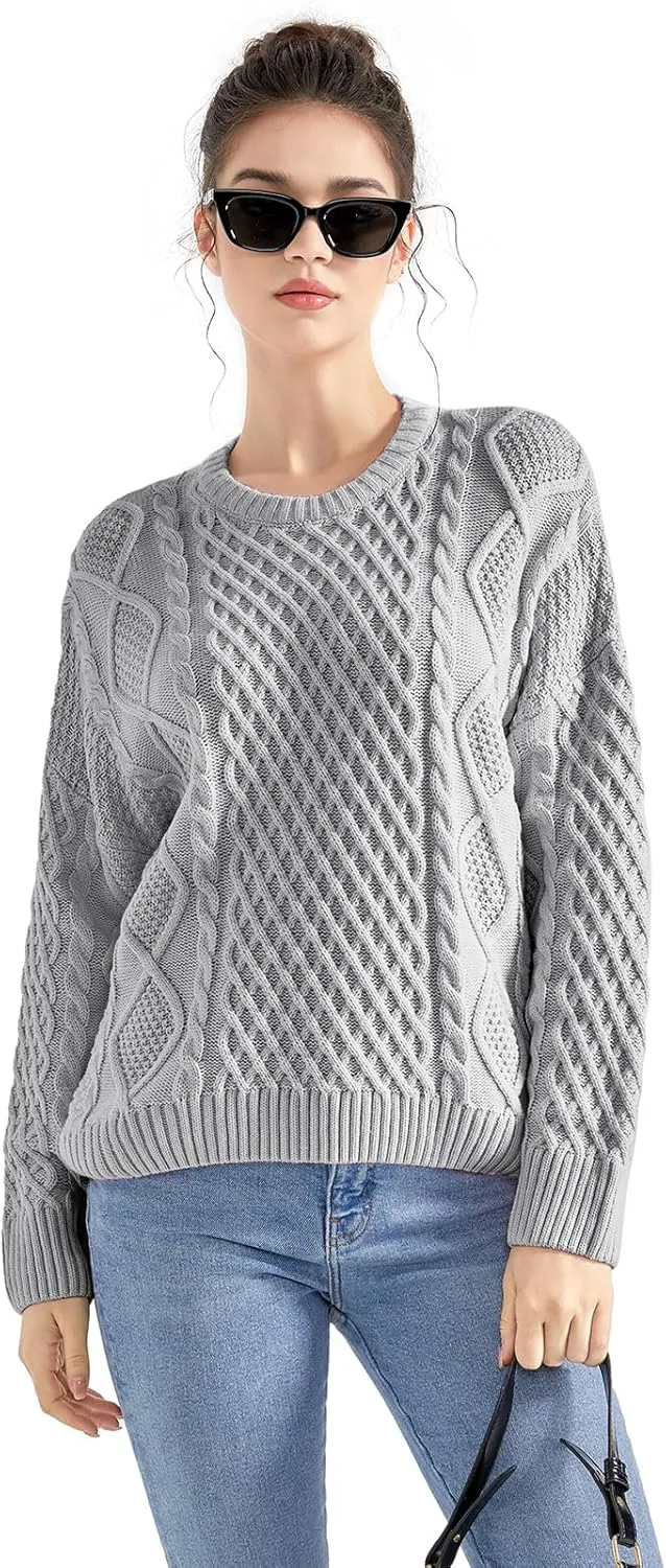 SUUKSESS Women Oversized Cable Knit Sweater Fall Long Sleeve Crew Neck Pullover Tops 2024