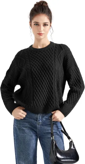 SUUKSESS Women Oversized Cable Knit Sweater Fall Long Sleeve Crew Neck Pullover Tops 2024