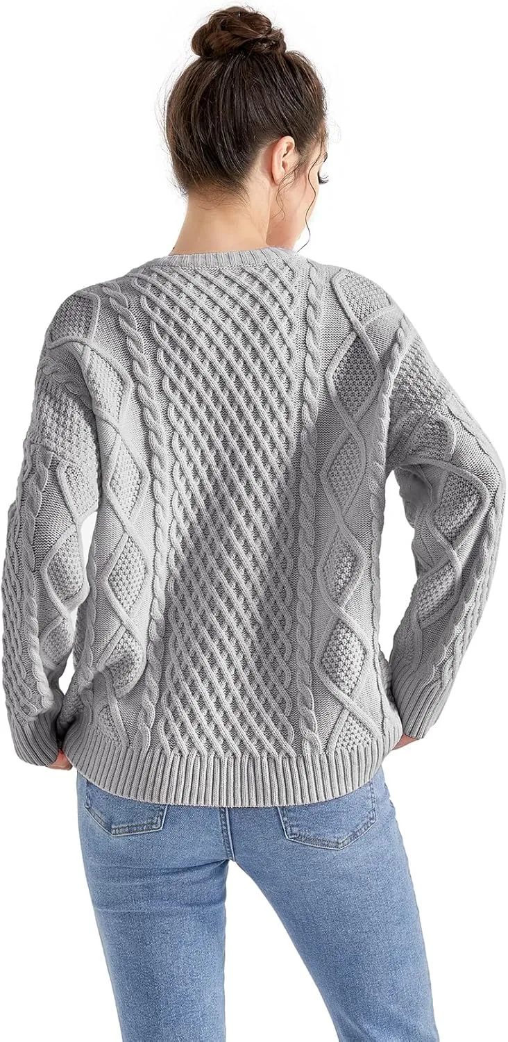 SUUKSESS Women Oversized Cable Knit Sweater Fall Long Sleeve Crew Neck Pullover Tops 2024