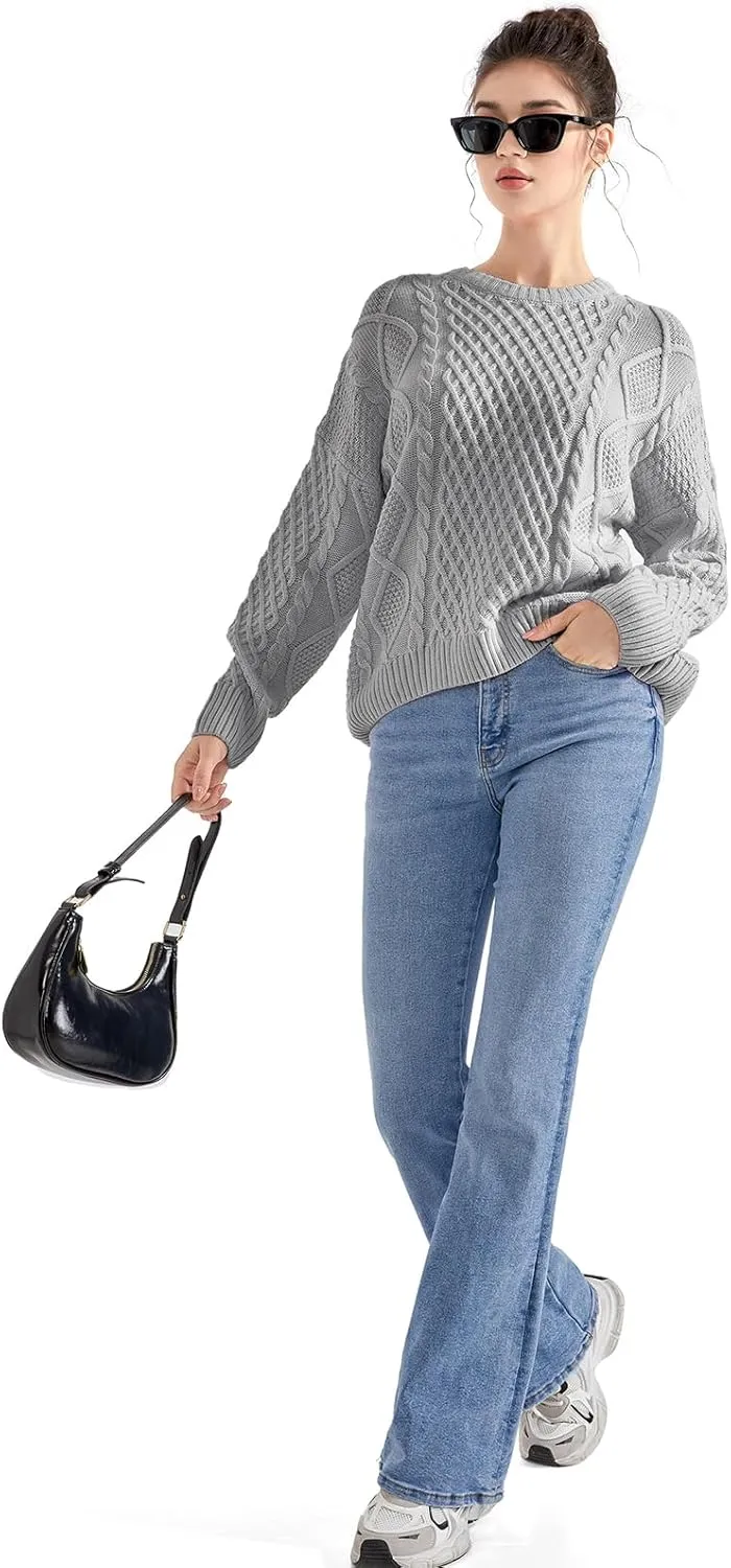 SUUKSESS Women Oversized Cable Knit Sweater Fall Long Sleeve Crew Neck Pullover Tops 2024