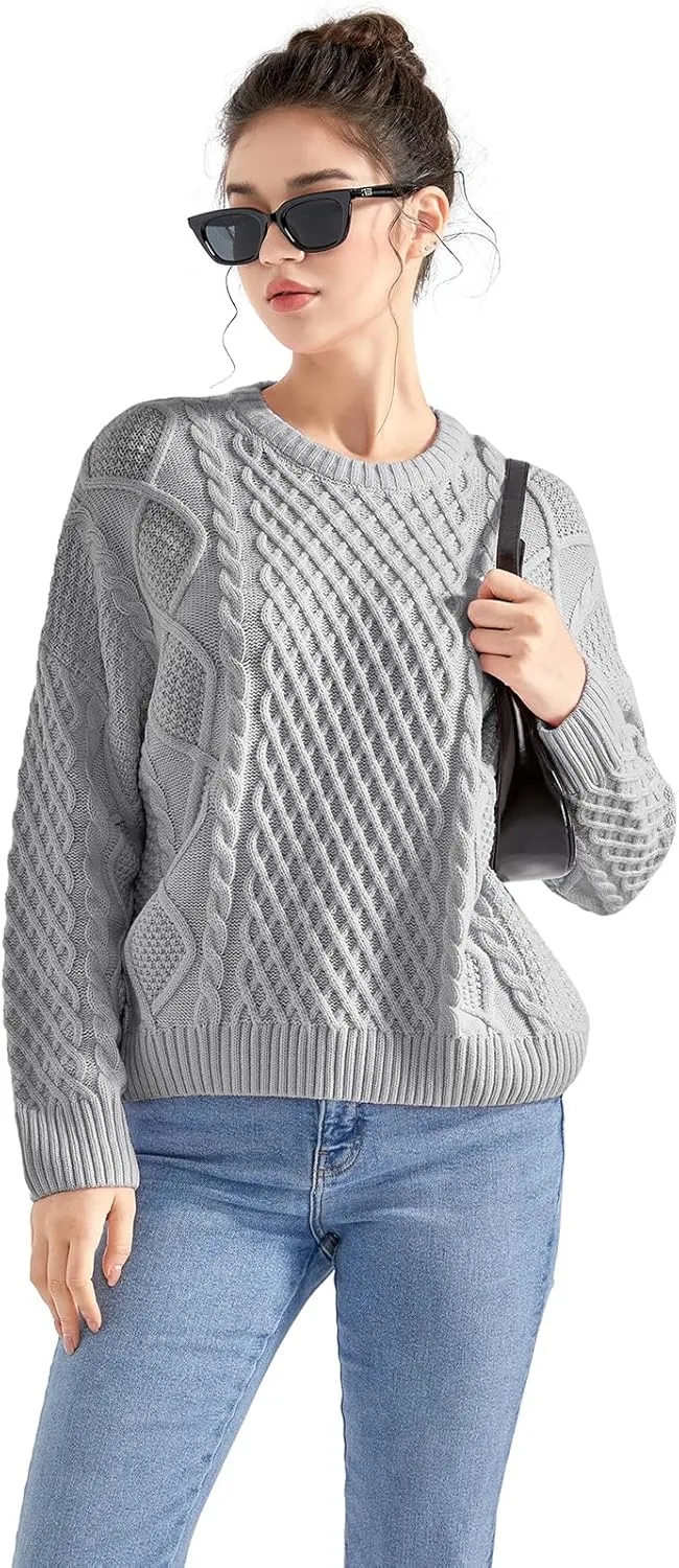 SUUKSESS Women Oversized Cable Knit Sweater Fall Long Sleeve Crew Neck Pullover Tops 2024