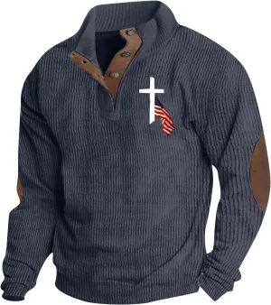 Sweatshirts For Men 1/4 Button Up Shirts Long Sleeve Pullovers Outdoor Casual Pullover Tops Elbow Fashion Patches