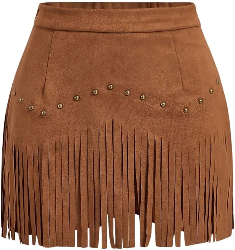 SweatyRocks Women's Faux Suede Fringe Skirt High Waisted Tassel Mini Cowgirl Skirts