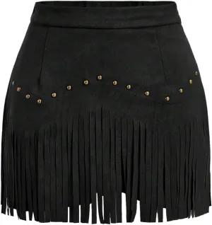 SweatyRocks Women's Faux Suede Fringe Skirt High Waisted Tassel Mini Cowgirl Skirts