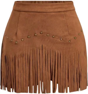 SweatyRocks Women's Faux Suede Fringe Skirt High Waisted Tassel Mini Cowgirl Skirts