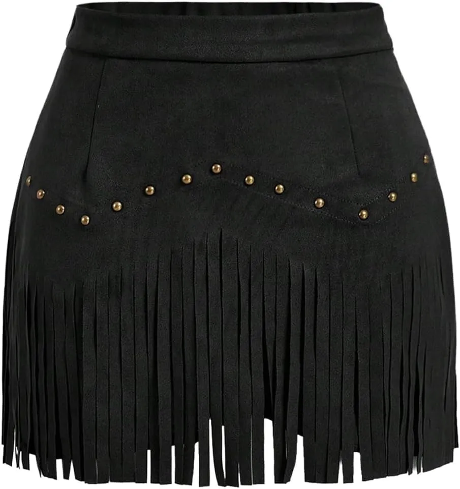 SweatyRocks Women's Faux Suede Fringe Skirt High Waisted Tassel Mini Cowgirl Skirts