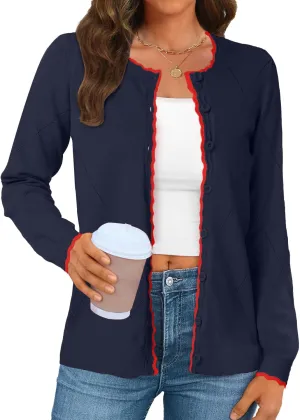Tanou Women's Contrast Color Cardigan Sweater Button Down Crew Neck Knit Cardigans Long Sleeve Lightweight Casual Tops