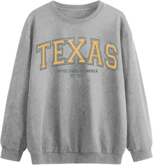 TEXAS Oversized Sweatshirt for Women Long Sleeve Crewneck Letter Graphic Print Casual Pullover Top Y2k Fall Winter Clothes