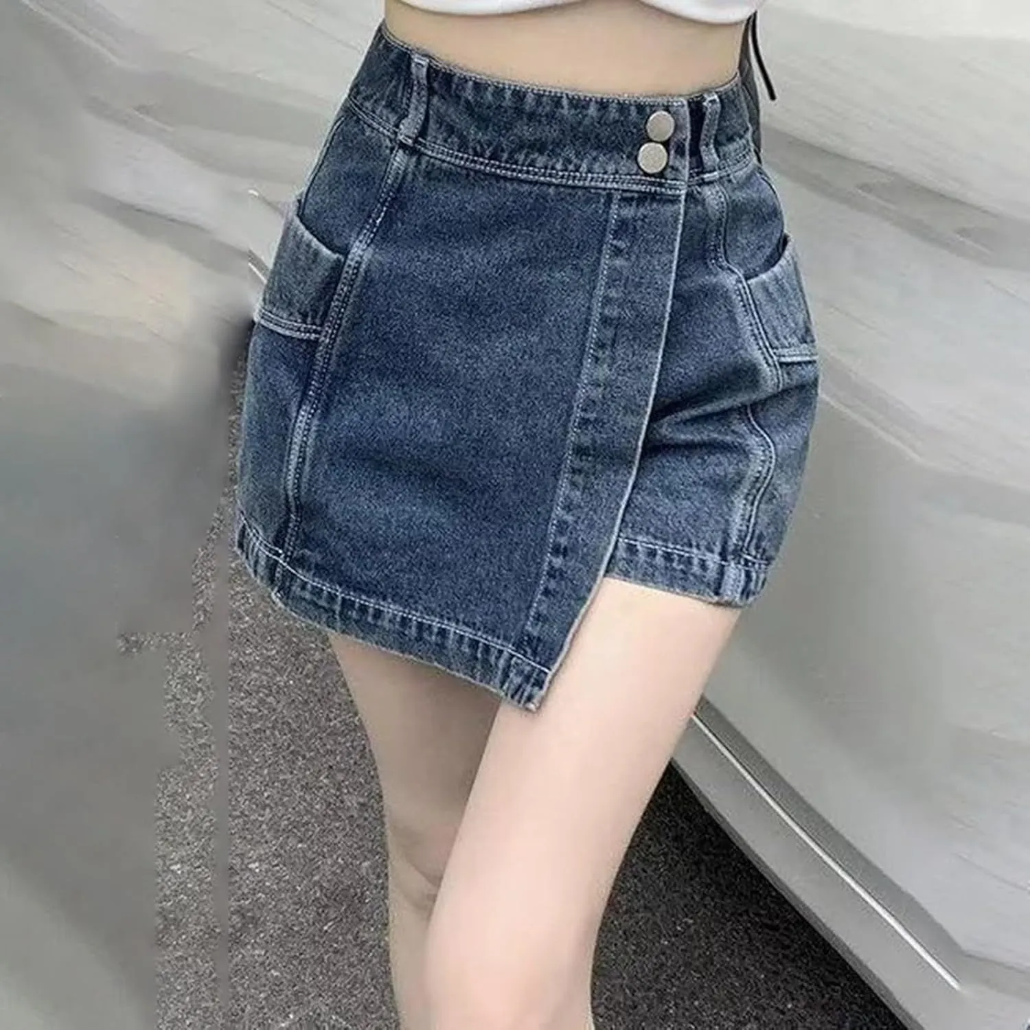 Trendy 2 in 1 Jean Skorts High Waisted A Line Slim-Fit Skirt Shorts Irregular Streetwear Comfy Casual Denim Shorts