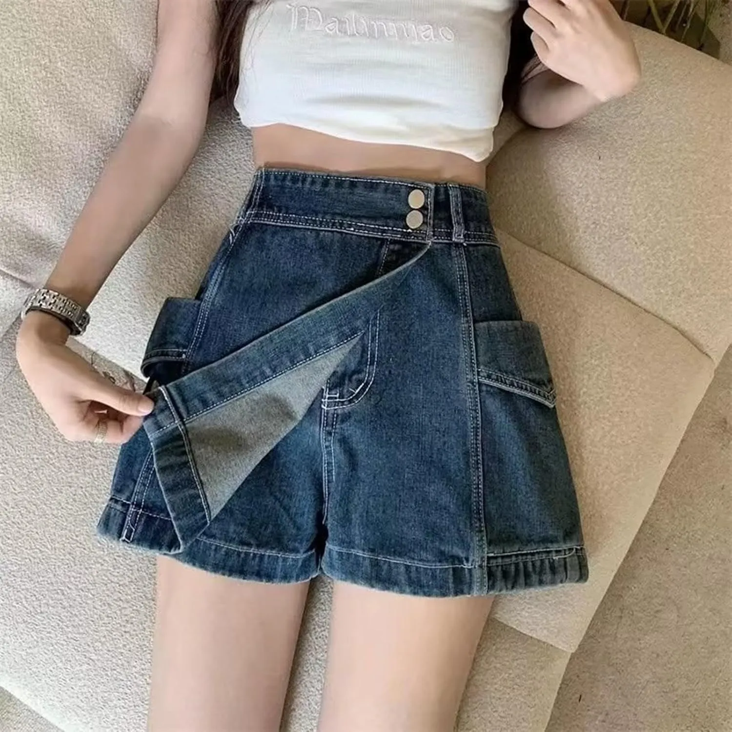 Trendy 2 in 1 Jean Skorts High Waisted A Line Slim-Fit Skirt Shorts Irregular Streetwear Comfy Casual Denim Shorts