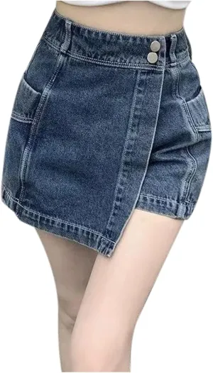 Trendy 2 in 1 Jean Skorts High Waisted A Line Slim-Fit Skirt Shorts Irregular Streetwear Comfy Casual Denim Shorts