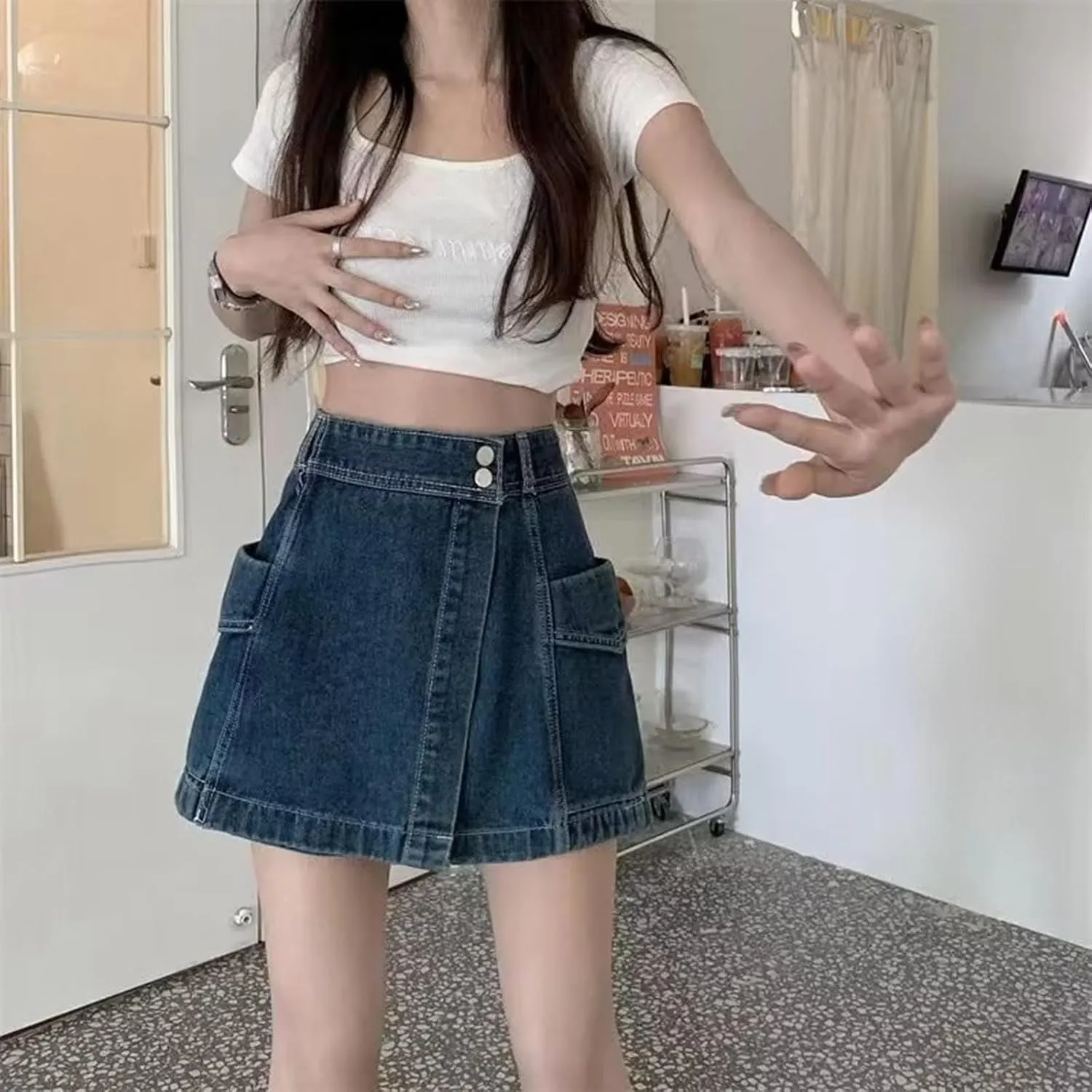 Trendy 2 in 1 Jean Skorts High Waisted A Line Slim-Fit Skirt Shorts Irregular Streetwear Comfy Casual Denim Shorts